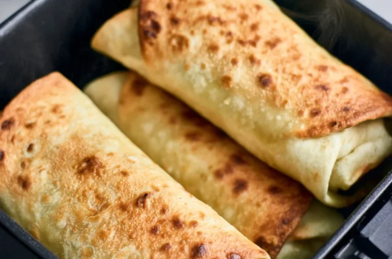 Golden brown chimichangas cooked in an air fryer topped with guacamole and salsa.