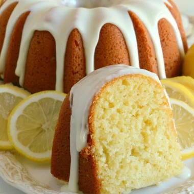 Slice of Italian lemon pound cake on a plate with lemon slices