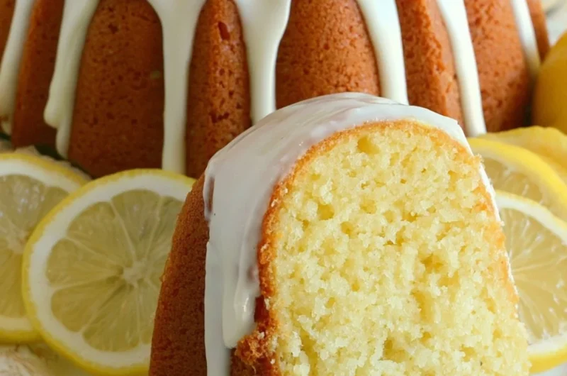 Slice of Italian lemon pound cake on a plate with lemon slices