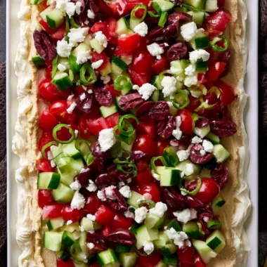Delicious layered Greek dip topped with fresh vegetables and feta cheese