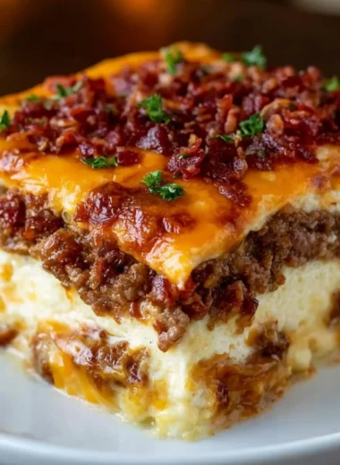 Low-carb bacon cheeseburger casserole served in a baking dish