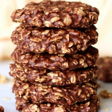 No bake chocolate oatmeal cookies on a plate, delicious dessert treat