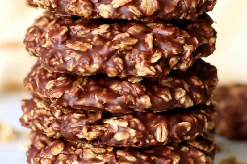 No bake chocolate oatmeal cookies on a plate, delicious dessert treat