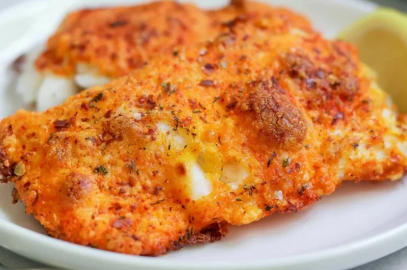 Parmesan Crusted Cod fillet garnished and served on a plate
