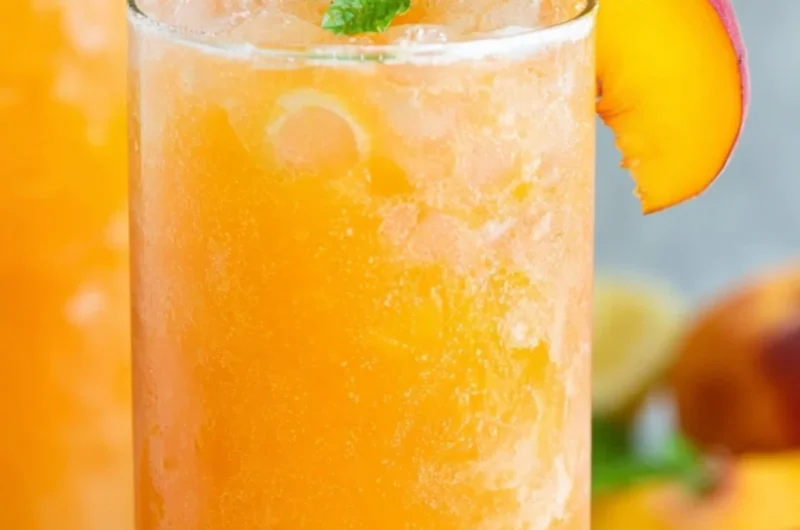 Refreshing glass of peach lemonade with fresh peaches and lemons