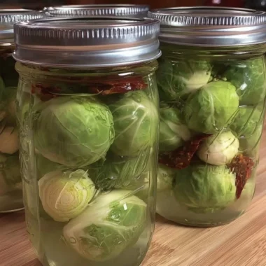 Jar of pickled Brussels sprouts, also known as Pickled Frog Balls, on a wooden table.