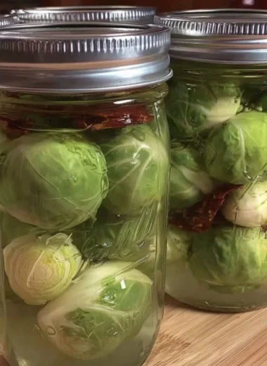 Jar of pickled Brussels sprouts, also known as Pickled Frog Balls, on a wooden table.
