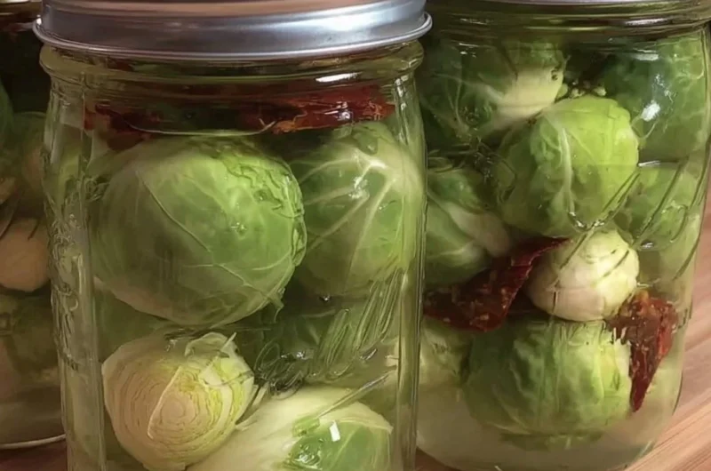 Jar of pickled Brussels sprouts, also known as Pickled Frog Balls, on a wooden table.