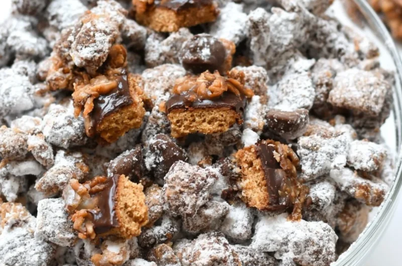 Delicious Samoas Puppy Chow snack in a bowl, featuring chocolate and coconut.