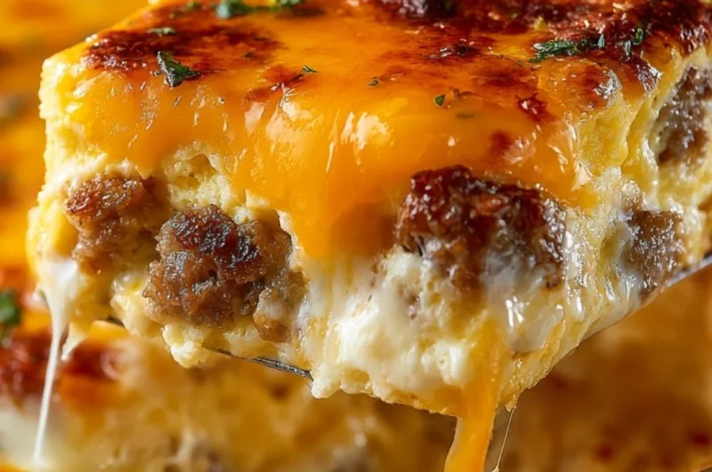 Sausage, Egg, and Cream Cheese Hashbrown Casserole in a baking dish.