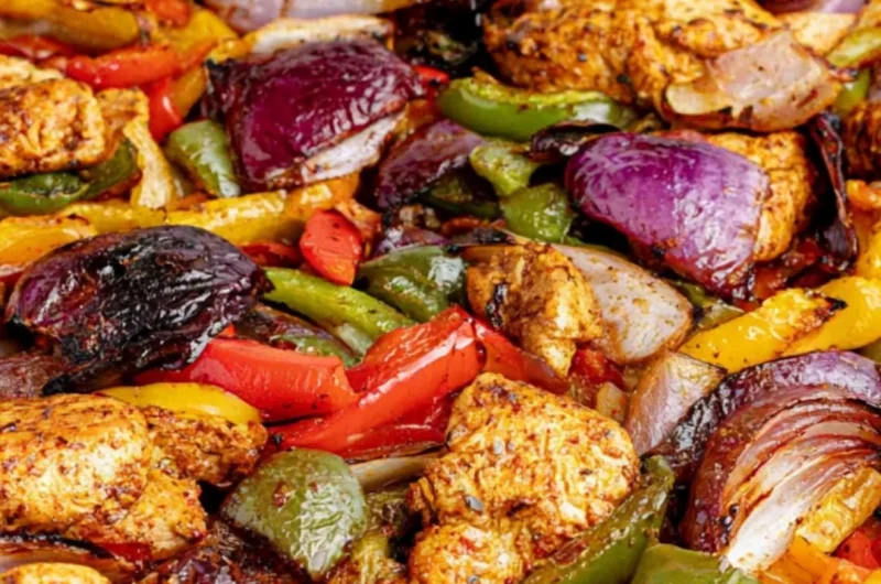 Delicious sheet pan chicken fajitas with colorful peppers and spices.