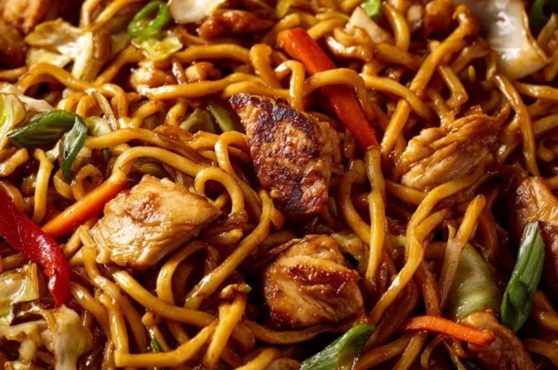 Plate of simple Chicken Chow Mein with vegetables and chicken.