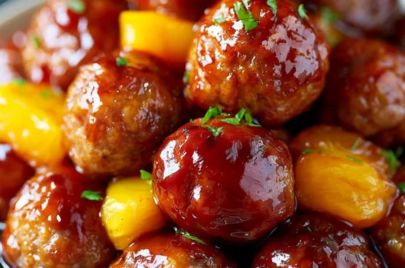 Slow cooker teriyaki meatballs with a rich sauce and garnish