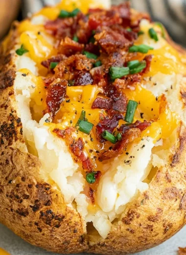 Delicious smoked baked potatoes on a pellet grill with toppings and seasonings.