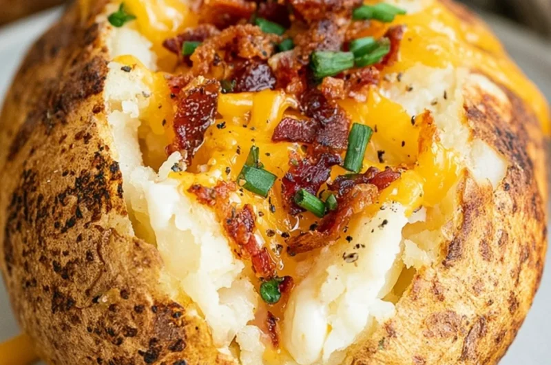 Delicious smoked baked potatoes on a pellet grill with toppings and seasonings.