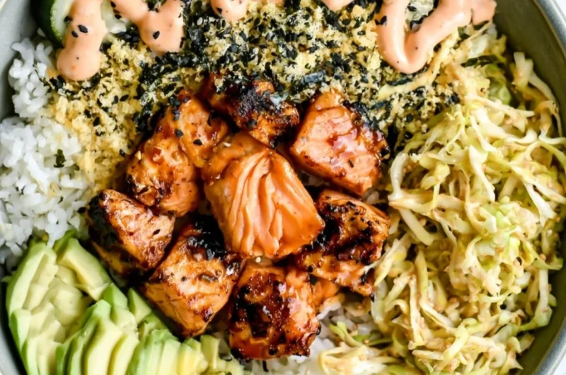 Delicious Spicy Salmon Maki Bowl topped with fresh ingredients and spices