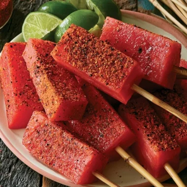 Delicious spicy tequila melon skewers served on a platter.