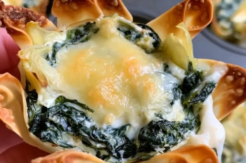 Baked spinach and artichoke wonton cups filled with creamy mixture