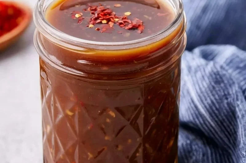 Healthy homemade stir fry sauce in a bowl with vegetables and ingredients