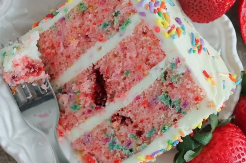 Delicious Strawberry Funfetti Cake topped with fresh strawberries and colorful sprinkles