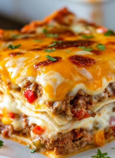 A delicious serving of Taco Lasagna topped with cheese and fresh ingredients.