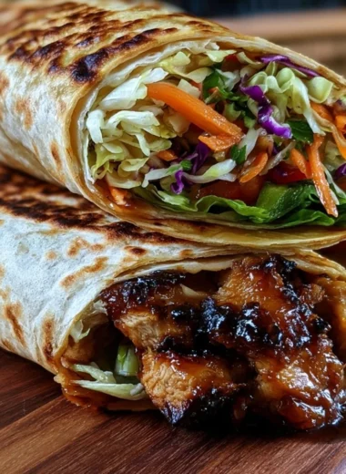 Delicious teriyaki chicken wrap served with fresh vegetables