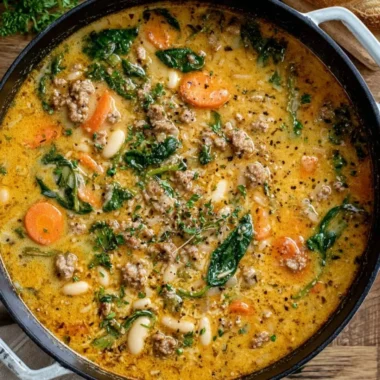 Bowl of delicious Tuscan white bean soup garnished with herbs and bread