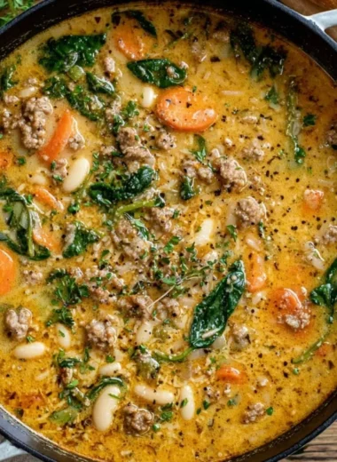 Bowl of delicious Tuscan white bean soup garnished with herbs and bread