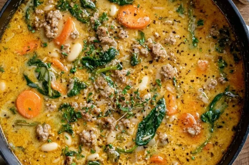 Bowl of delicious Tuscan white bean soup garnished with herbs and bread