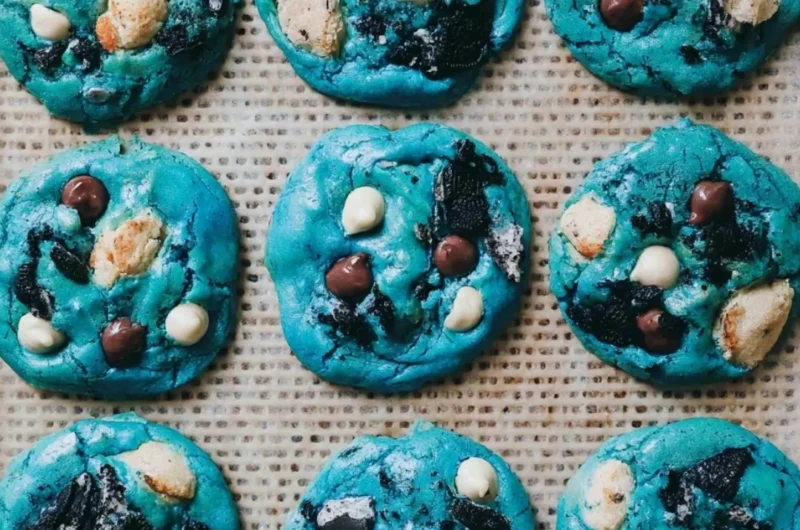 Delicious Cookie Monster Cookies with blue frosting and chocolate chips