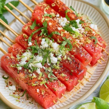 Refreshing watermelon skewers sprinkled with Tajin seasoning