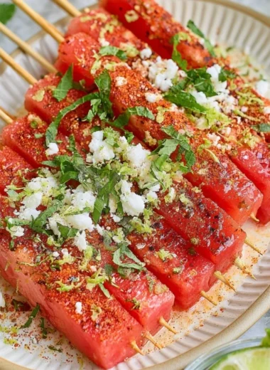 Refreshing watermelon skewers sprinkled with Tajin seasoning