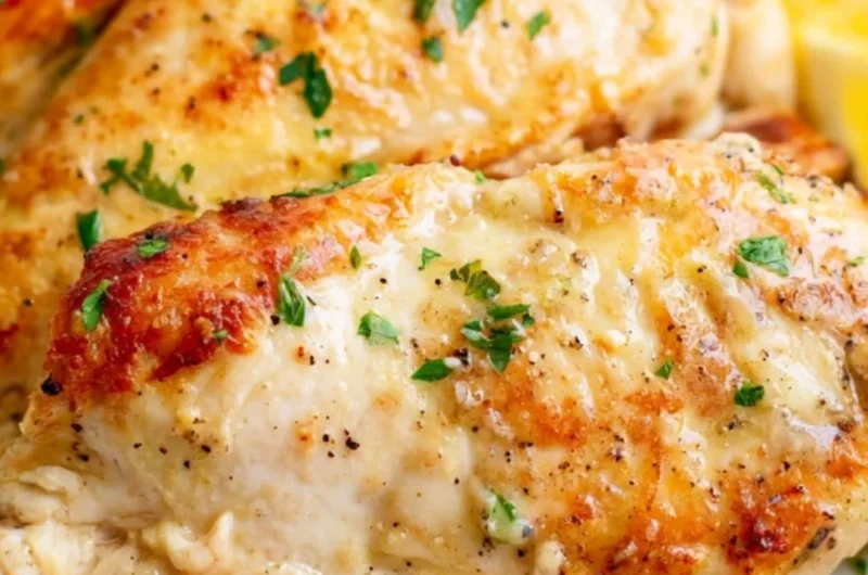 Juicy chicken breasts cooked in an air fryer, served on a plate.