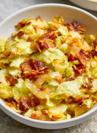 Delicious Bacon and Cabbage Stir Fry served in a skillet.