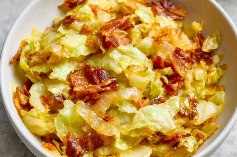 Delicious Bacon and Cabbage Stir Fry served in a skillet.