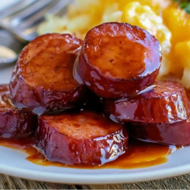 Delicious baked BBQ sausage on a serving platter