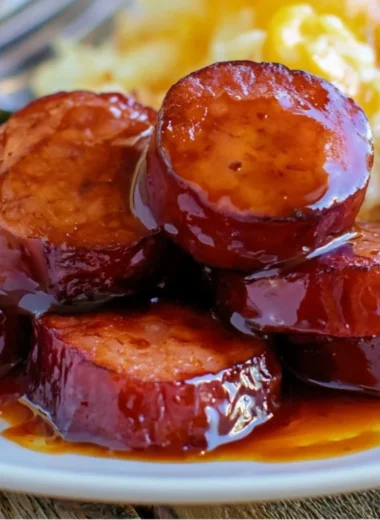 Delicious baked BBQ sausage on a serving platter