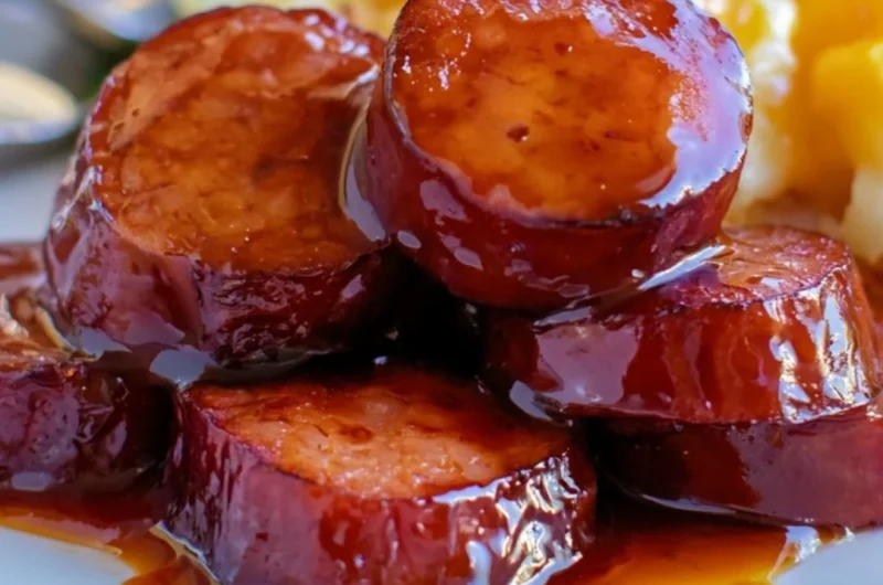 Delicious baked BBQ sausage on a serving platter