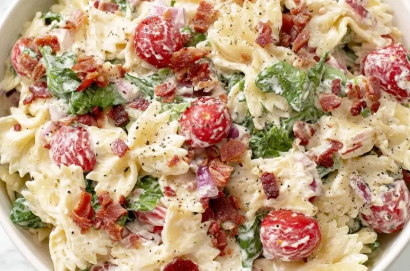 Delicious BLT Pasta Salad with bacon, lettuce, and tomato