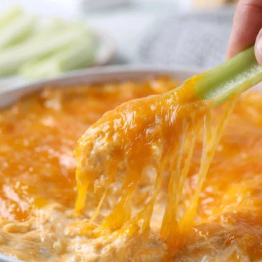 Delicious Buffalo Chicken Dip served with tortilla chips