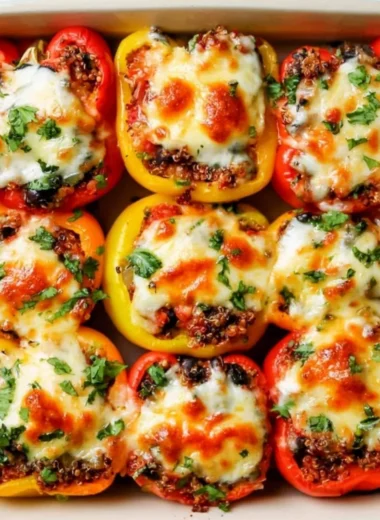 Cheesy Mexican vegetarian stuffed peppers baked and ready to serve
