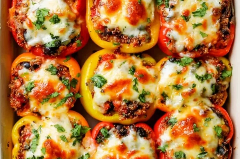 Cheesy Mexican vegetarian stuffed peppers baked and ready to serve