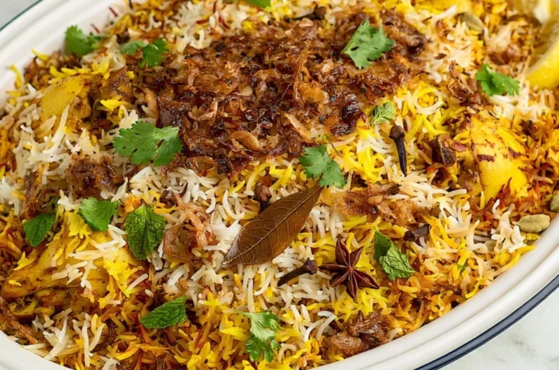 A plate of Chicken Biryani garnished with herbs and spices.