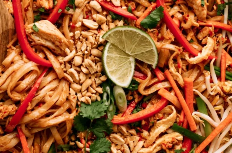 Plate of Chicken Pad Thai with vibrant vegetables and chicken slices