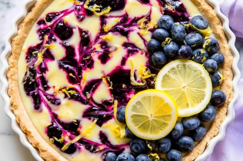 Creamy lemon tart drizzled with blueberry sauce, an irresistible dessert treat.