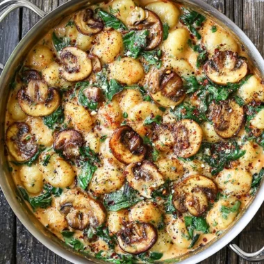 Creamy spinach and mushroom gnocchi dish with garlic and smoked paprika sauce
