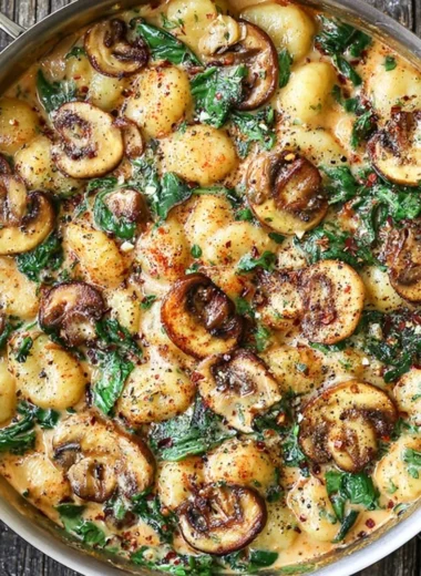 Creamy spinach and mushroom gnocchi dish with garlic and smoked paprika sauce