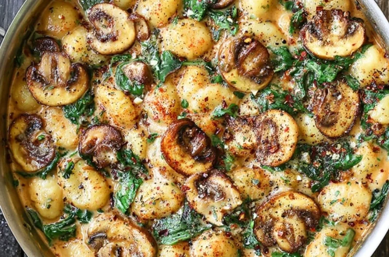 Creamy spinach and mushroom gnocchi dish with garlic and smoked paprika sauce