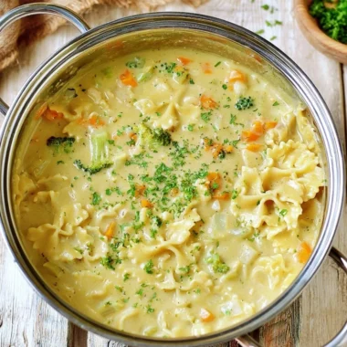 Bowls of creamy vegan pasta soup with fresh vegetables and herbs