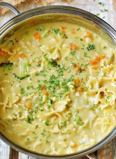 Bowls of creamy vegan pasta soup with fresh vegetables and herbs